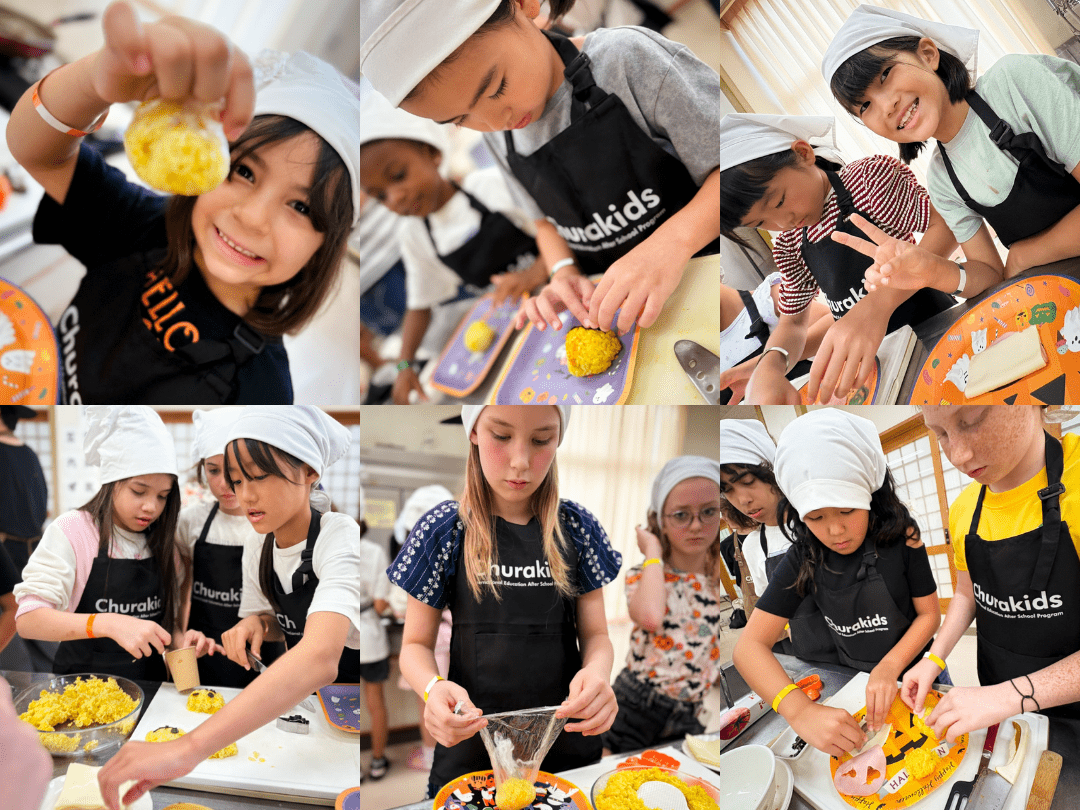 チーズやハムを型抜きする子どもたち