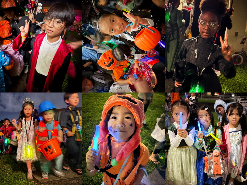 仮装した子どもたちが記念撮影をする様子