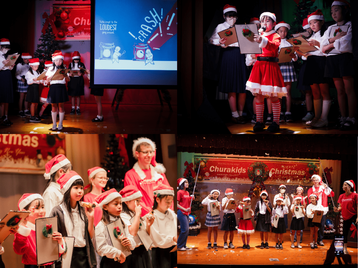 スクリーンに映るSamurai Santaの絵と朗読する生徒たち