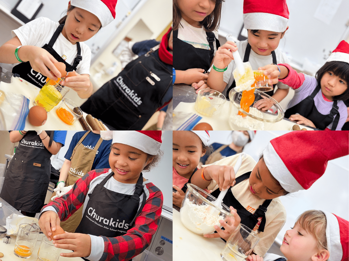 卵を割り、小麦粉やバターを混ぜて生地を作る子どもたちの様子