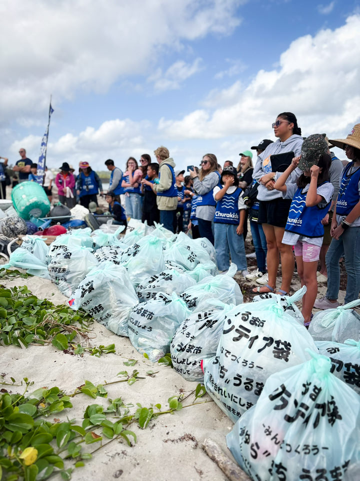 回収した大量のゴミ袋がビーチに並べられている様子